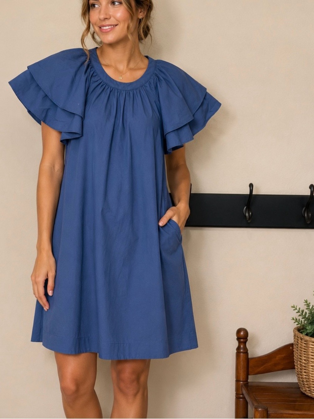 Pinch Blue Flutter-Sleeve Casual Dress